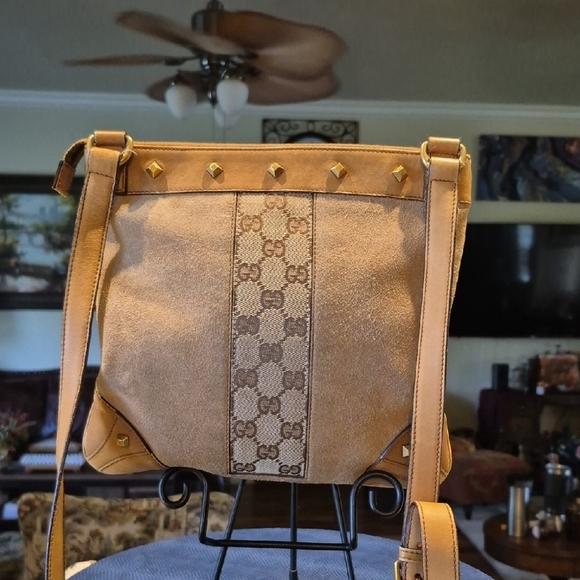 Gucci Handbags - Gucci Tan Suede & leather Crossbody With Nailhead Accents.w:9,5"x9"×2.5"drop 19"